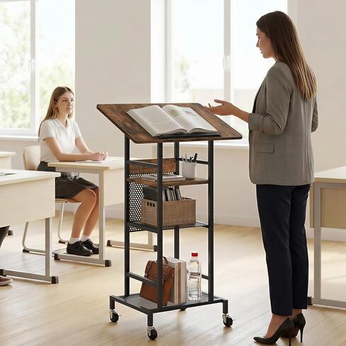 MAHANCRIS Podium Stand with Locking Wheels, 4-Tier Mobile Lectern with Storage Shelves and Non-Slip Lip, for Classroom, Church, Conference Standing Desk, Rustic Brown and Black LPHR6001 in Kuwait