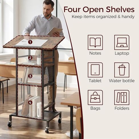 MAHANCRIS Podium Stand with Locking Wheels, 4-Tier Mobile Lectern with Storage Shelves and Non-Slip Lip, for Classroom, Church, Conference Standing Desk, Rustic Brown and Black LPHR6001 in Kuwait