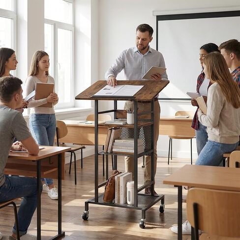 MAHANCRIS Podium Stand with Locking Wheels, 4-Tier Mobile Lectern with Storage Shelves and Non-Slip Lip, for Classroom, Church, Conference Standing Desk, Rustic Brown and Black LPHR6001 in Kuwait