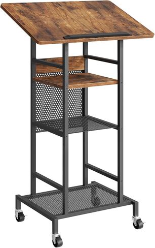 MAHANCRIS Podium Stand with Locking Wheels, 4-Tier Mobile Lectern with Storage Shelves and Non-Slip Lip, for Classroom, Church, Conference Standing Desk, Rustic Brown and Black LPHR6001 in Kuwait