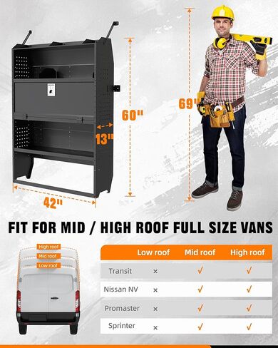 MELIPRON Cargo Van Shelves with Lockable Door Kits Fit for Transit, Promaster, Chevy Express, Sprinter Mid/High Roof, Adjustable Heavy‑Duty Steel Van Shelving with Hooks, 52''W x 60''H x 13''D in Kuwait