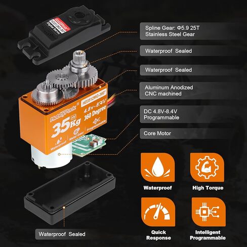 Hobbypark 35kg 360 Degrees Continuous Rotation Servo for Robot Projects, RC Crawler Winch Standard Size High Torque Metal Gears High Voltage 5-8.4V Programmable in Kuwait