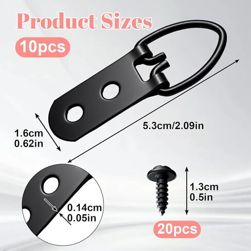 10PCS Heavy Duty D Ring Picture Hangers, 2 Holes Extra Large Strap Hanger with 20pcs Screws, Metal Picture Hang Solutions for Mirrors, Picture Frame, Paintings- Black in Saudi Arabia