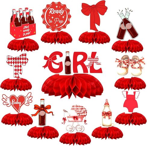 12 Pcs She's Ready to Pop Baby Shower Decorations Honeycomb Centerpieces for Girls Red Gender Reveal Table Centerpiece Party Supplies in Kuwait