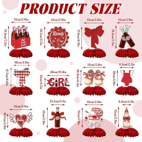 12 Pcs She's Ready to Pop Baby Shower Decorations Honeycomb Centerpieces for Girls Red Gender Reveal Table Centerpiece Party Supplies in Kuwait