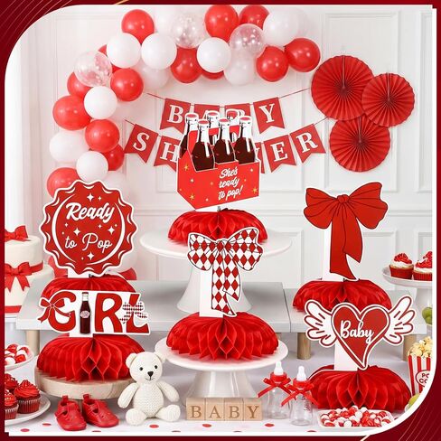 12 Pcs She's Ready to Pop Baby Shower Decorations Honeycomb Centerpieces for Girls Red Gender Reveal Table Centerpiece Party Supplies in Kuwait