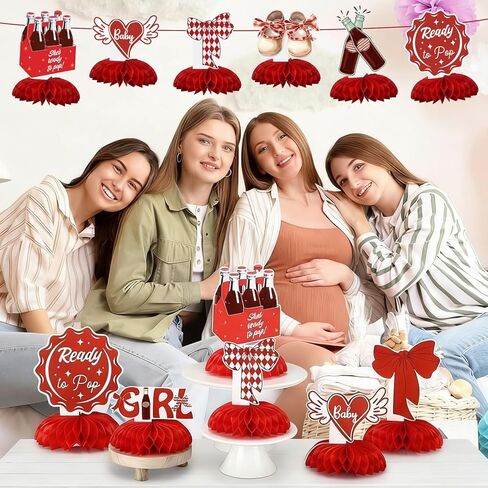 12 Pcs She's Ready to Pop Baby Shower Decorations Honeycomb Centerpieces for Girls Red Gender Reveal Table Centerpiece Party Supplies in Kuwait