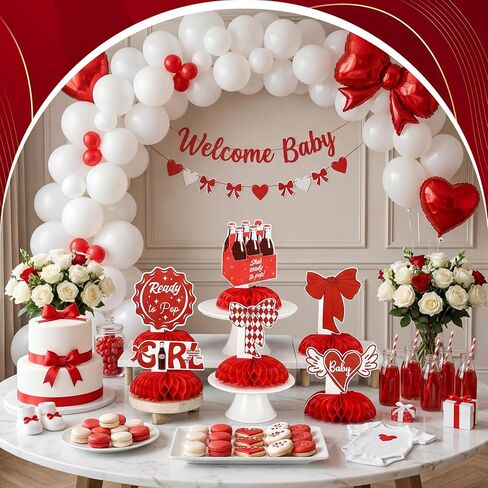 12 Pcs She's Ready to Pop Baby Shower Decorations Honeycomb Centerpieces for Girls Red Gender Reveal Table Centerpiece Party Supplies in Kuwait