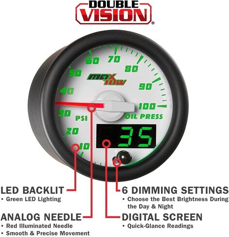 مجموعة قياس ضغط الزيت MaxTow Double Vision 100 PSI - تتضمن مستشعرًا إلكترونيًا - وجه مقياس أبيض - قرص مضيء LED أخضر - قراءات تناظرية ورقمية - للشاحنات - 2-1/16 بوصة 52 مم in Kuwait