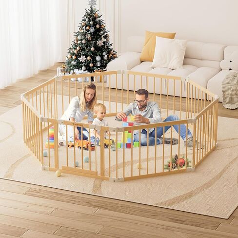 Wooden Baby Gate Playpen - Foldable Play Pen for Infants & Toddlers | Portable & Sturdy Wood Baby Gate with Lock | 4-8-10 Panels Expandable & Adjustable Play Yard for kids | 23.9 * 35.5IN (RXZ-WBP-10) in Saudi Arabia