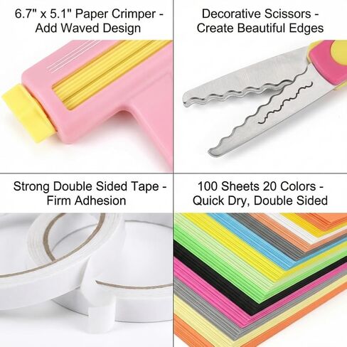 Paper Crimper for Candy Bags Crafting, Pinking Shears, 100 Sheets Thin Inkjet Colorful Paper 8.25 x 11.6 Inches Double Sided Tape for Crafts Birthday Party Supplies French Fry Bag Making in Kuwait