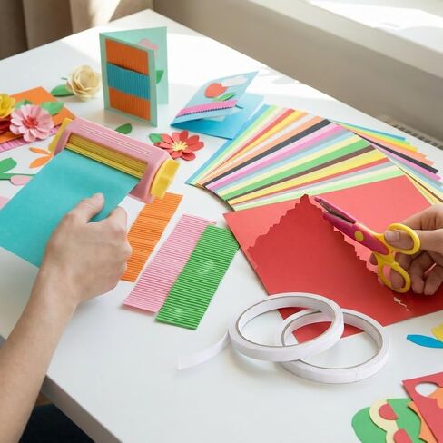 Paper Crimper for Candy Bags Crafting, Pinking Shears, 100 Sheets Thin Inkjet Colorful Paper 8.25 x 11.6 Inches Double Sided Tape for Crafts Birthday Party Supplies French Fry Bag Making in Kuwait