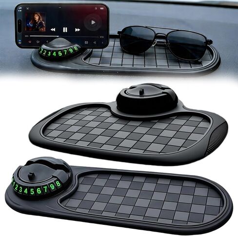 2 PCS Multifunctional Car Anti-Slip Mat, Anti Slip Mat for Car Dashboard with Temporary Parking Number & 360° Rotatable Phone Holder, Organizer Pad for Phones, Keys, Sunglasses(Black, Grey) in Saudi Arabia