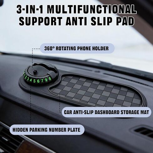2 PCS Multifunctional Car Anti-Slip Mat, Anti Slip Mat for Car Dashboard with Temporary Parking Number & 360° Rotatable Phone Holder, Organizer Pad for Phones, Keys, Sunglasses(Black, Grey) in Saudi Arabia