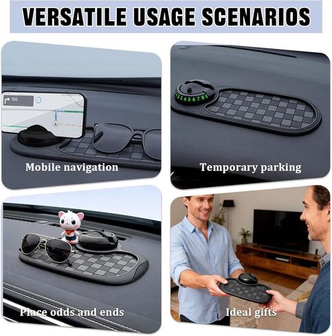 2 PCS Multifunctional Car Anti-Slip Mat, Anti Slip Mat for Car Dashboard with Temporary Parking Number & 360° Rotatable Phone Holder, Organizer Pad for Phones, Keys, Sunglasses(Black, Grey) in Saudi Arabia