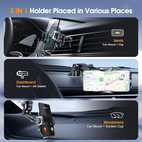 360° Adjustable Car Phone Holder Mount – 3-in-1 Secure Dashboard, Windshield & Air Vent Phone Mount for Car, Universal Cell Phone Cradle Compatible with iPhone, Samsung & All 4.0"-7.0" Smartphones in Saudi Arabia