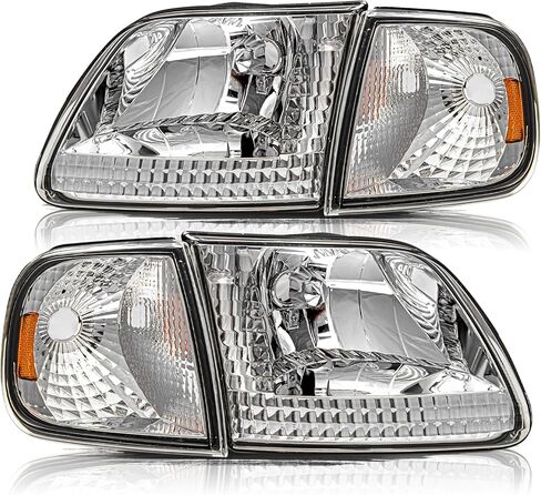 Aosky Headlight Assembly Compatible for 1997-2003 F150 / 2004 F150 Heritage / 1997-2002 Expedition / 1997-1999 F250 Headlamp with Corner Lights 4pcs, Chrome Housing with Amber Reflector in Saudi Arabia