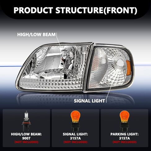 Aosky Headlight Assembly Compatible for 1997-2003 F150 / 2004 F150 Heritage / 1997-2002 Expedition / 1997-1999 F250 Headlamp with Corner Lights 4pcs, Chrome Housing with Amber Reflector in Saudi Arabia