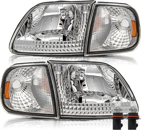 Aosky Headlight Assembly Compatible for 1997-2003 F150 / 2004 F150 Heritage / 1997-2002 Expedition / 1997-1999 F250 Headlamp with Corner Lights 4pcs, Chrome Housing with Amber Reflector in Saudi Arabia