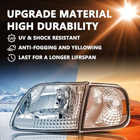 Aosky Headlight Assembly Compatible for 1997-2003 F150 / 2004 F150 Heritage / 1997-2002 Expedition / 1997-1999 F250 Headlamp with Corner Lights 4pcs, Chrome Housing with Amber Reflector in Saudi Arabia
