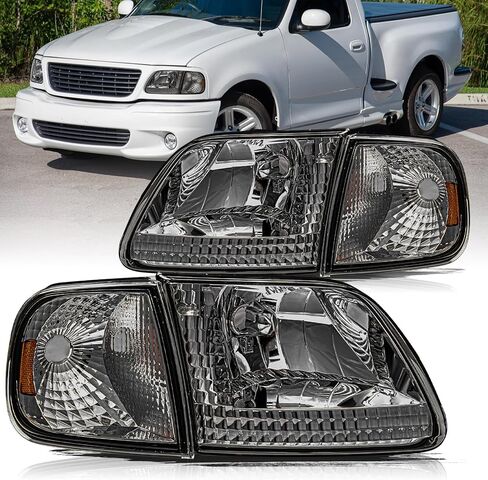 Aosky Headlight Assembly Compatible for 1997-2003 F150 / 2004 F150 Heritage / 1997-2002 Expedition / 1997-1999 F250 Headlamp with Corner Lights 4pcs, Chrome Housing with Amber Reflector in Saudi Arabia