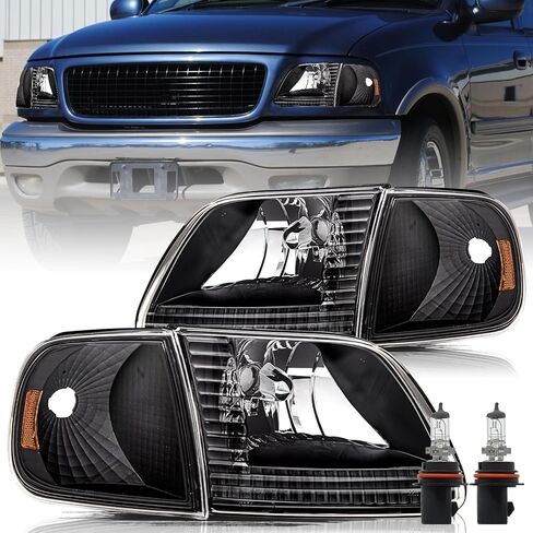Aosky Headlight Assembly Compatible for 1997-2003 F150 / 2004 F150 Heritage / 1997-2002 Expedition / 1997-1999 F250 Headlamp with Corner Lights 4pcs, Chrome Housing with Amber Reflector in Saudi Arabia