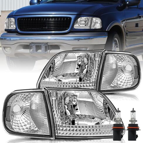 Aosky Headlight Assembly Compatible for 1997-2003 F150 / 2004 F150 Heritage / 1997-2002 Expedition / 1997-1999 F250 Headlamp with Corner Lights 4pcs, Chrome Housing with Amber Reflector in Saudi Arabia