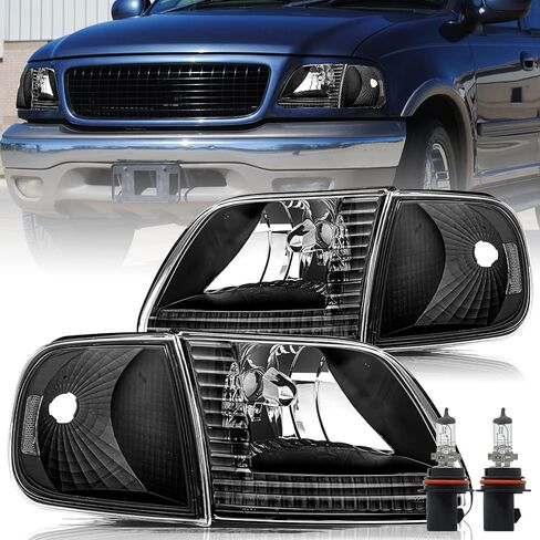 Aosky Headlight Assembly Compatible for 1997-2003 F150 / 2004 F150 Heritage / 1997-2002 Expedition / 1997-1999 F250 Headlamp with Corner Lights 4pcs, Chrome Housing with Amber Reflector in Saudi Arabia