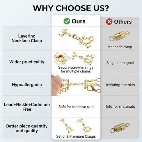 2-Pack Necklace Layering Clasps, Gold Necklace Separator for Layering, Double & Triple Chain Connector, Multi Necklaces Clasps for Women Layered Look in Kuwait