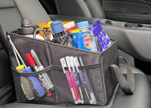 Car Seat Organizer - Passenger Seat Organizer, Collapsible Small Car Seat Storage Organizer for Console Front/Back, Automotive Backseat Organizer with Belt 4 Cup Holders for Kids Accessories in Kuwait