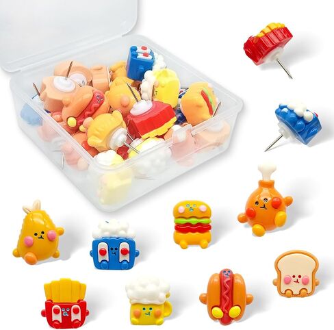 24 Pack Cute Food Push Pins for Cork Board, Decorative Resin Thumb Tacks Featuring Hamburger, Fries, Drinks & Snacks, Funny Decorative Wall Pins for Office, Home, Classroom & Restaurant Decor in Saudi Arabia