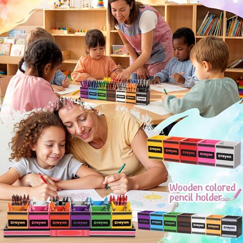 Maitys 13 Pcs Crayon Holder Organizer Set 12 Cups on 1 Stand Wooden Colored Pen Holder Crayon Dispenser Classroom Storage Organizer Back to School Storage Caddy Case Art Craft for Classroom in Kuwait