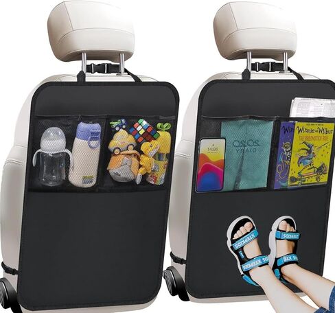 Car Seat Back Protector with Mesh Storage Pockets, Water-Resistant Kick Mat Seat Back Organizer for Kids, Easy Clean, Universal Fit for SUV/Truck, Set of 2, Black (With mesh *2) in Saudi Arabia