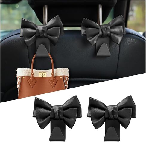 HZEL Car Seat Headrest Hooks, 2PCS Cute Bow Vehicle Seat Back Storage Hanger for Purse Coat Bag, Multifunctional Auto Interior Decoration Accessories, Universal for Truck SUV Sedan (Black) in Kuwait