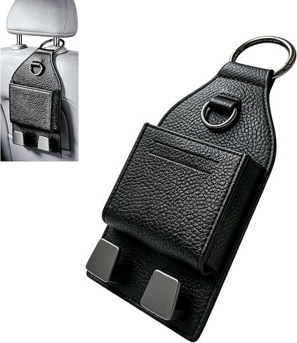 3-in-1 Car Headrest Phone Holder with Hook, Car Seat Hooks with Metal Buckle, Seat Back Purse Hook with Double Card Holder, Premium Leather Seat Headrest Hangers for Cars SUV Van Pickup in Saudi Arabia