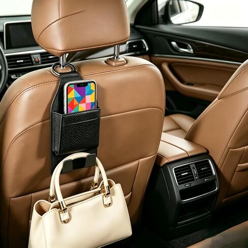 3-in-1 Car Headrest Phone Holder with Hook, Car Seat Hooks with Metal Buckle, Seat Back Purse Hook with Double Card Holder, Premium Leather Seat Headrest Hangers for Cars SUV Van Pickup in Saudi Arabia