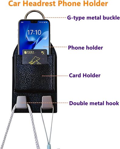 3-in-1 Car Headrest Phone Holder with Hook, Car Seat Hooks with Metal Buckle, Seat Back Purse Hook with Double Card Holder, Premium Leather Seat Headrest Hangers for Cars SUV Van Pickup in Saudi Arabia