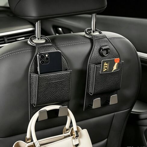 3-in-1 Car Headrest Phone Holder with Hook, Car Seat Hooks with Metal Buckle, Seat Back Purse Hook with Double Card Holder, Premium Leather Seat Headrest Hangers for Cars SUV Van Pickup in Saudi Arabia