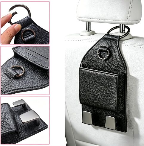 3-in-1 Car Headrest Phone Holder with Hook, Car Seat Hooks with Metal Buckle, Seat Back Purse Hook with Double Card Holder, Premium Leather Seat Headrest Hangers for Cars SUV Van Pickup in Saudi Arabia