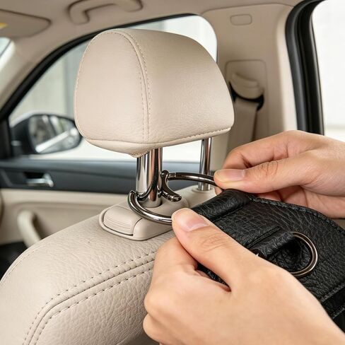 3-in-1 Car Headrest Phone Holder with Hook, Car Seat Hooks with Metal Buckle, Seat Back Purse Hook with Double Card Holder, Premium Leather Seat Headrest Hangers for Cars SUV Van Pickup in Saudi Arabia