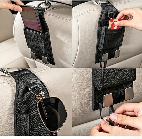 3-in-1 Car Headrest Phone Holder with Hook, Car Seat Hooks with Metal Buckle, Seat Back Purse Hook with Double Card Holder, Premium Leather Seat Headrest Hangers for Cars SUV Van Pickup in Saudi Arabia