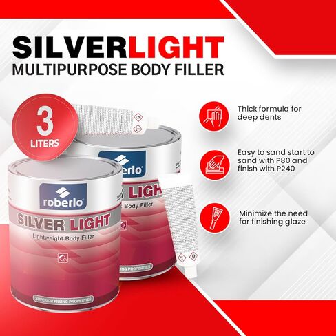 Roberlo Silver Light Lightweight Body Filler – Ultra Lightweight & Paintable for Car Repairs – Adheres to Fiberglass, Metal, Plastic & More – Ideal for Dents, Holes & Rust – 2 x 3L + Hardener in Saudi Arabia