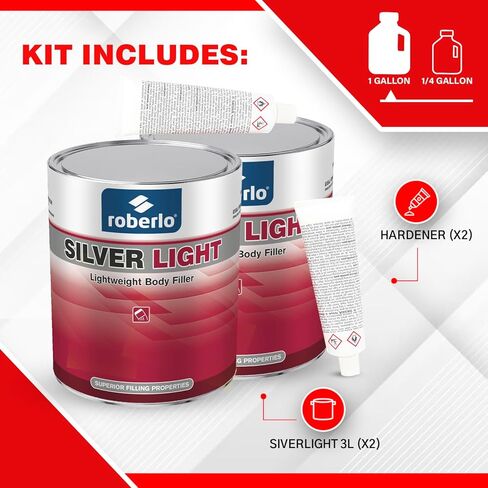 Roberlo Silver Light Lightweight Body Filler – Ultra Lightweight & Paintable for Car Repairs – Adheres to Fiberglass, Metal, Plastic & More – Ideal for Dents, Holes & Rust – 2 x 3L + Hardener in Saudi Arabia