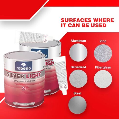 Roberlo Silver Light Lightweight Body Filler – Ultra Lightweight & Paintable for Car Repairs – Adheres to Fiberglass, Metal, Plastic & More – Ideal for Dents, Holes & Rust – 2 x 3L + Hardener in Saudi Arabia