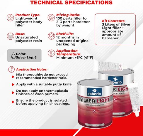 Roberlo Silver Light Lightweight Body Filler – Ultra Lightweight & Paintable for Car Repairs – Adheres to Fiberglass, Metal, Plastic & More – Ideal for Dents, Holes & Rust – 2 x 3L + Hardener in Saudi Arabia