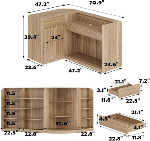 AIEGLE Reception Desk with Counter, 70.9" W Modern Retail Checkout Counter w/Drawers & Open Shelves, L-Shaped Oak Front Desk Reception Table with Storage Cabinet for Salon, Lobby, Office in Saudi Arabia