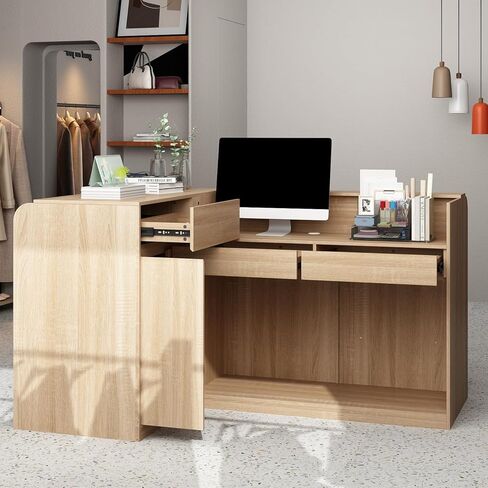 AIEGLE Reception Desk with Counter, 70.9" W Modern Retail Checkout Counter w/Drawers & Open Shelves, L-Shaped Oak Front Desk Reception Table with Storage Cabinet for Salon, Lobby, Office in Saudi Arabia