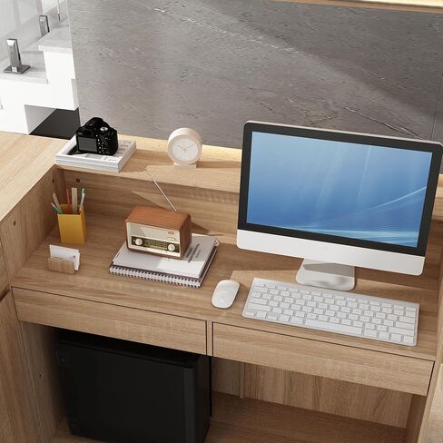 AIEGLE Reception Desk with Counter, 70.9" W Modern Retail Checkout Counter w/Drawers & Open Shelves, L-Shaped Oak Front Desk Reception Table with Storage Cabinet for Salon, Lobby, Office in Saudi Arabia