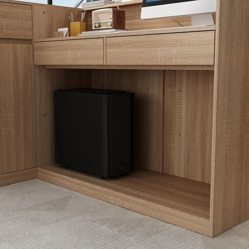 AIEGLE Reception Desk with Counter, 70.9" W Modern Retail Checkout Counter w/Drawers & Open Shelves, L-Shaped Oak Front Desk Reception Table with Storage Cabinet for Salon, Lobby, Office in Saudi Arabia