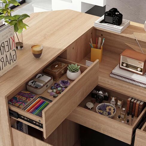 AIEGLE Reception Desk with Counter, 70.9" W Modern Retail Checkout Counter w/Drawers & Open Shelves, L-Shaped Oak Front Desk Reception Table with Storage Cabinet for Salon, Lobby, Office in Saudi Arabia